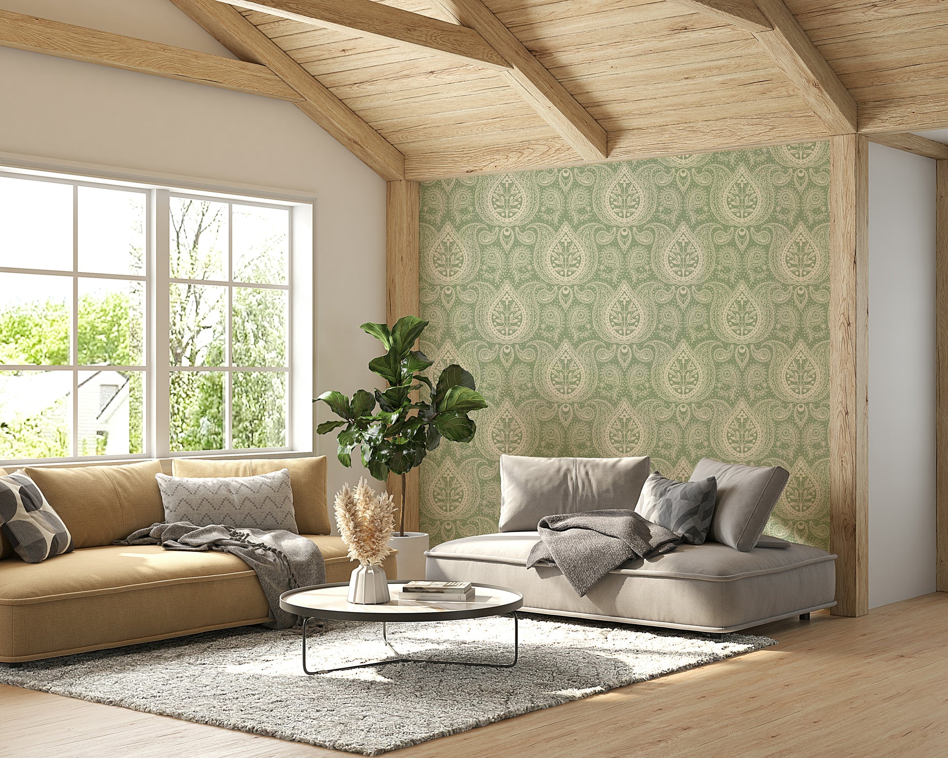 Delicate paisley print on sage green backdrop

