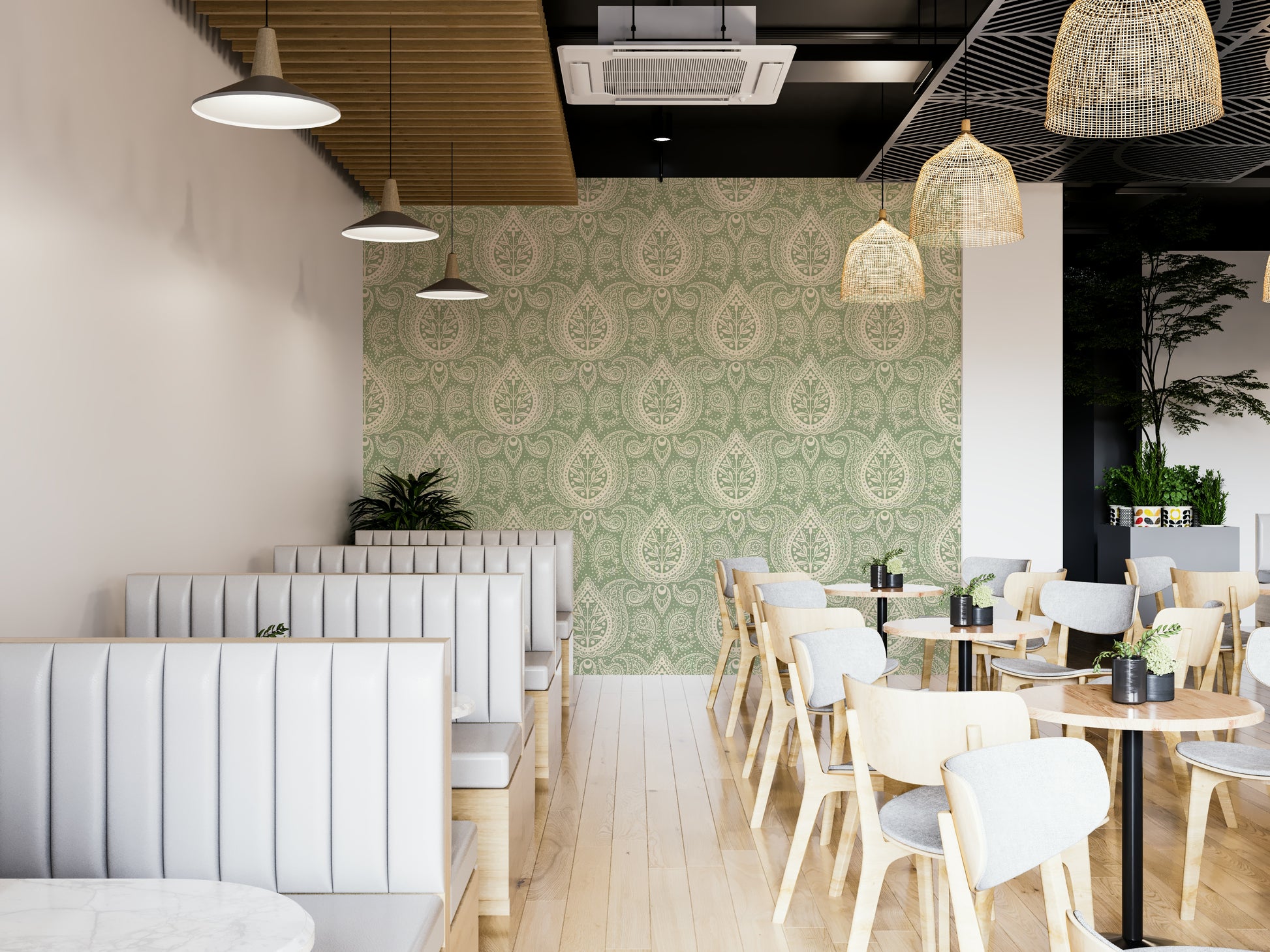 Subtle paisley design in soft sage green tones

