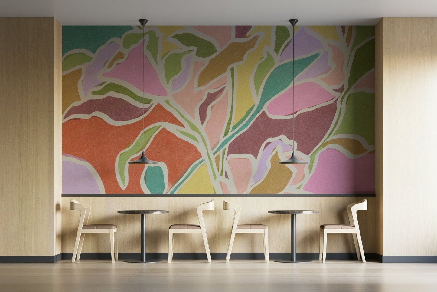 The image shows a serene view of a variety of painted flowers and leaves.

