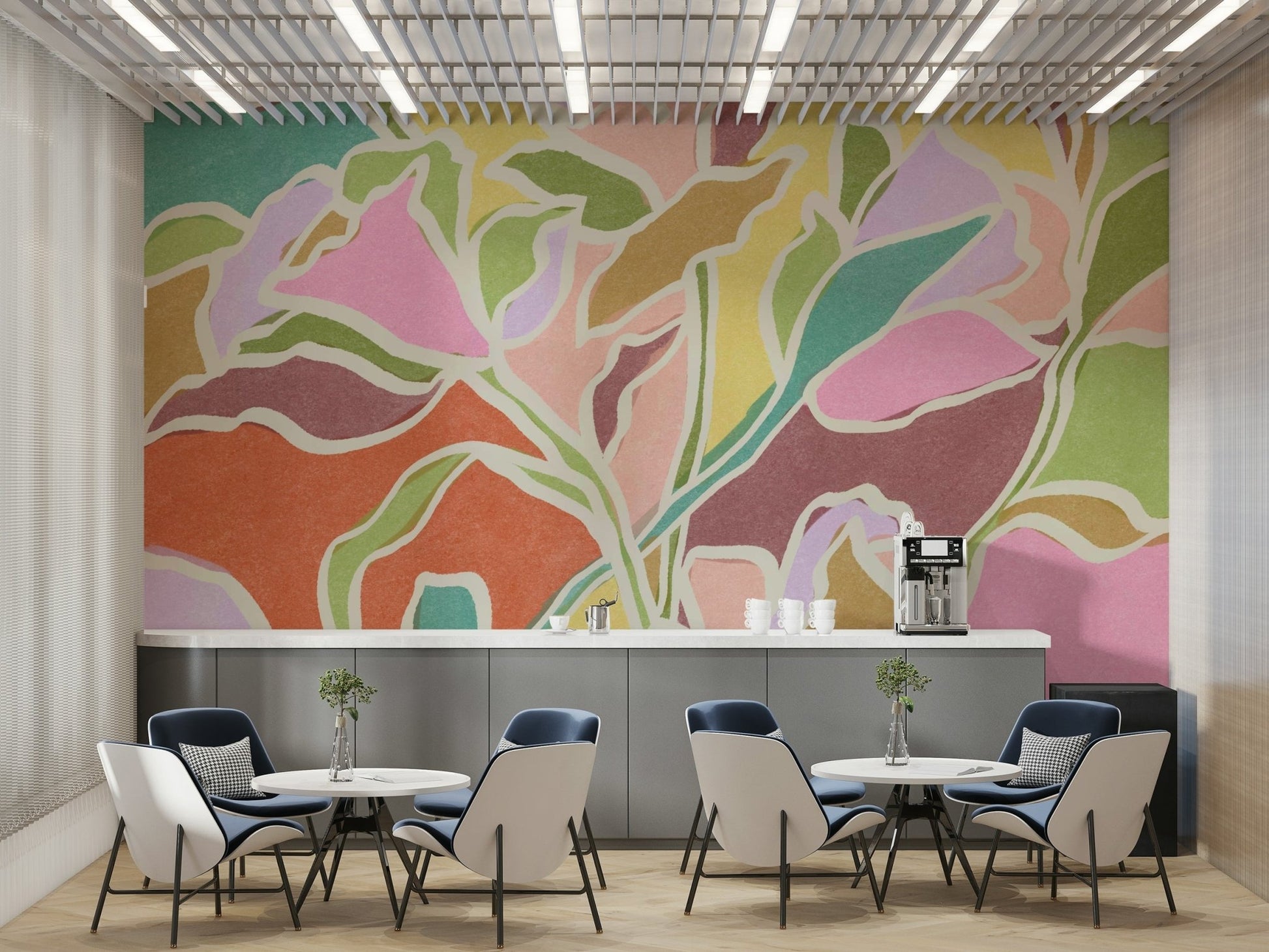 A close-up view shows the soft lines and details of the painted plants.

