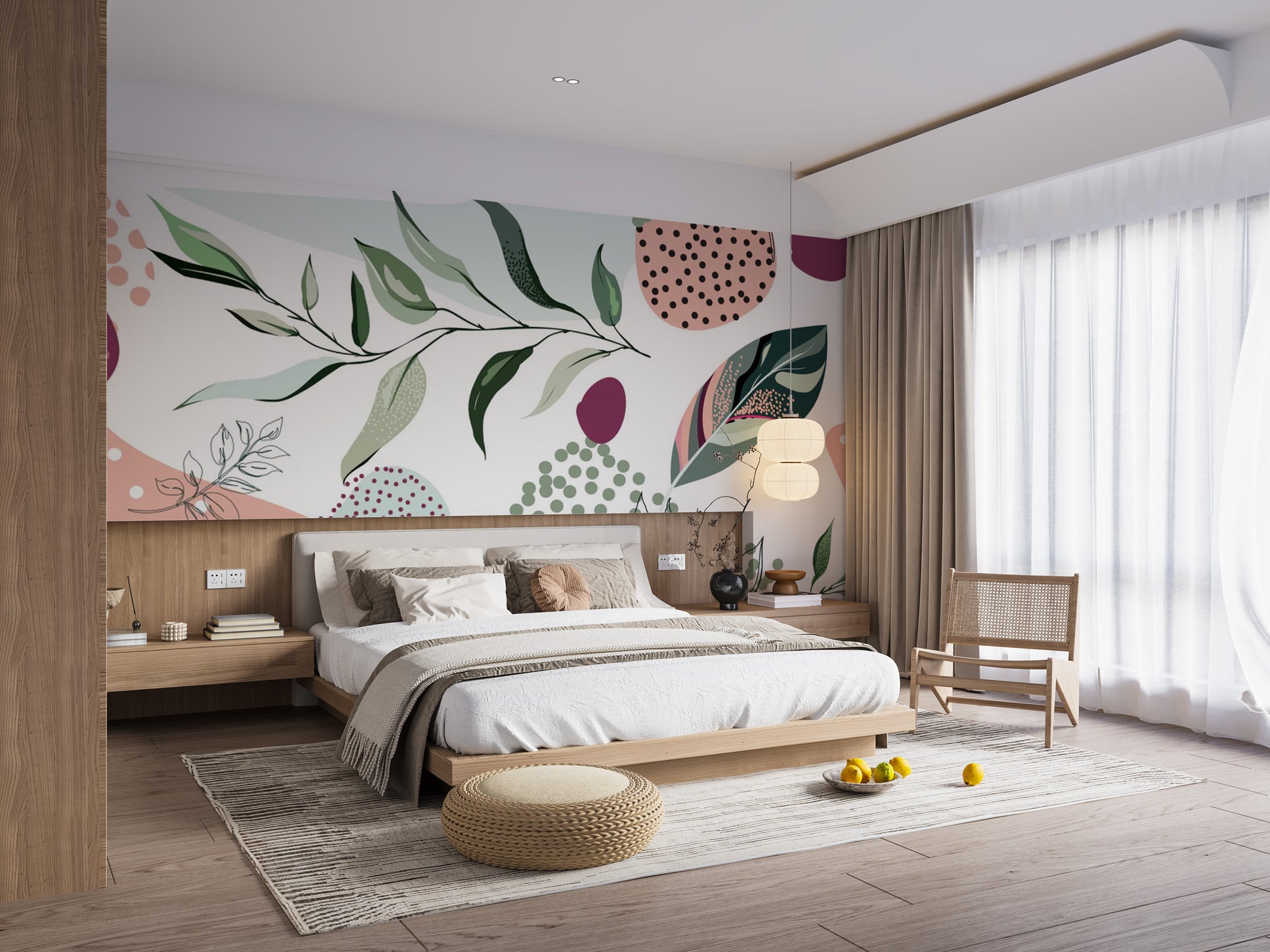 Scandinavian style wall mural featuring simple organic foliage shapes.