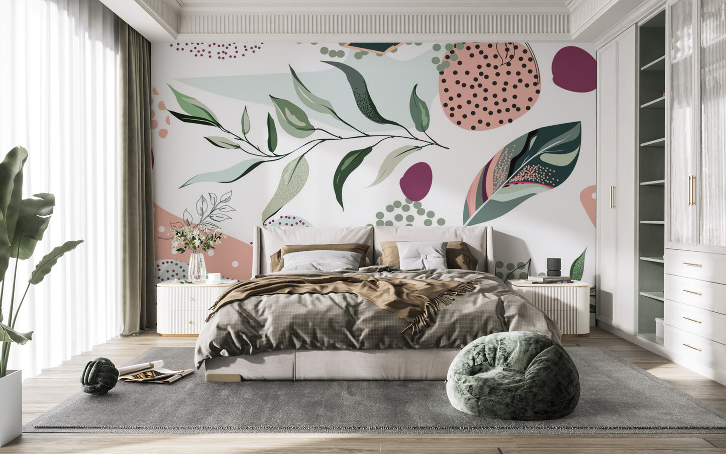 Modern abstract leaves bedroom wall mural with a textured matte linen finish.