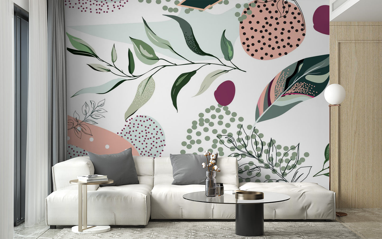 Minimalist hallway wall mural featuring hand-drawn leaf silhouettes and linework.