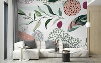 Minimalist hallway wall mural featuring hand-drawn leaf silhouettes and linework.
