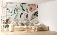 Botanical pattern abstract leaves hallway wall mural with soft sage green tones.