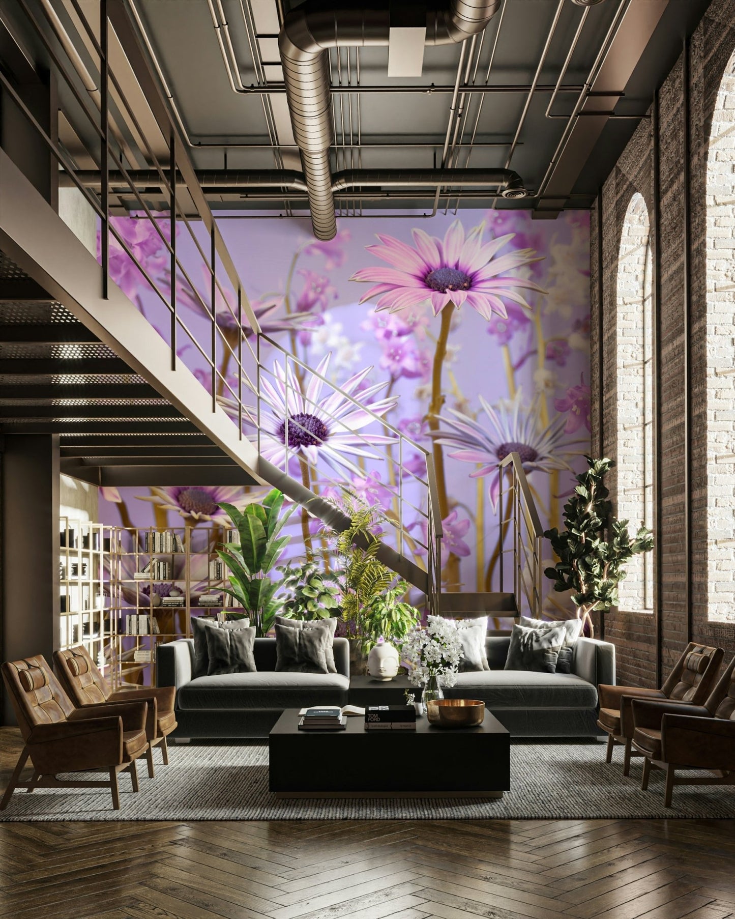 Elegant botanical mural featuring plants and delicate leaves.

