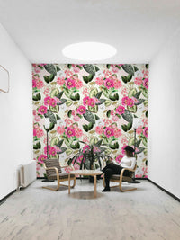 Detailed botanical wallpaper with lush foliage and floral accents

