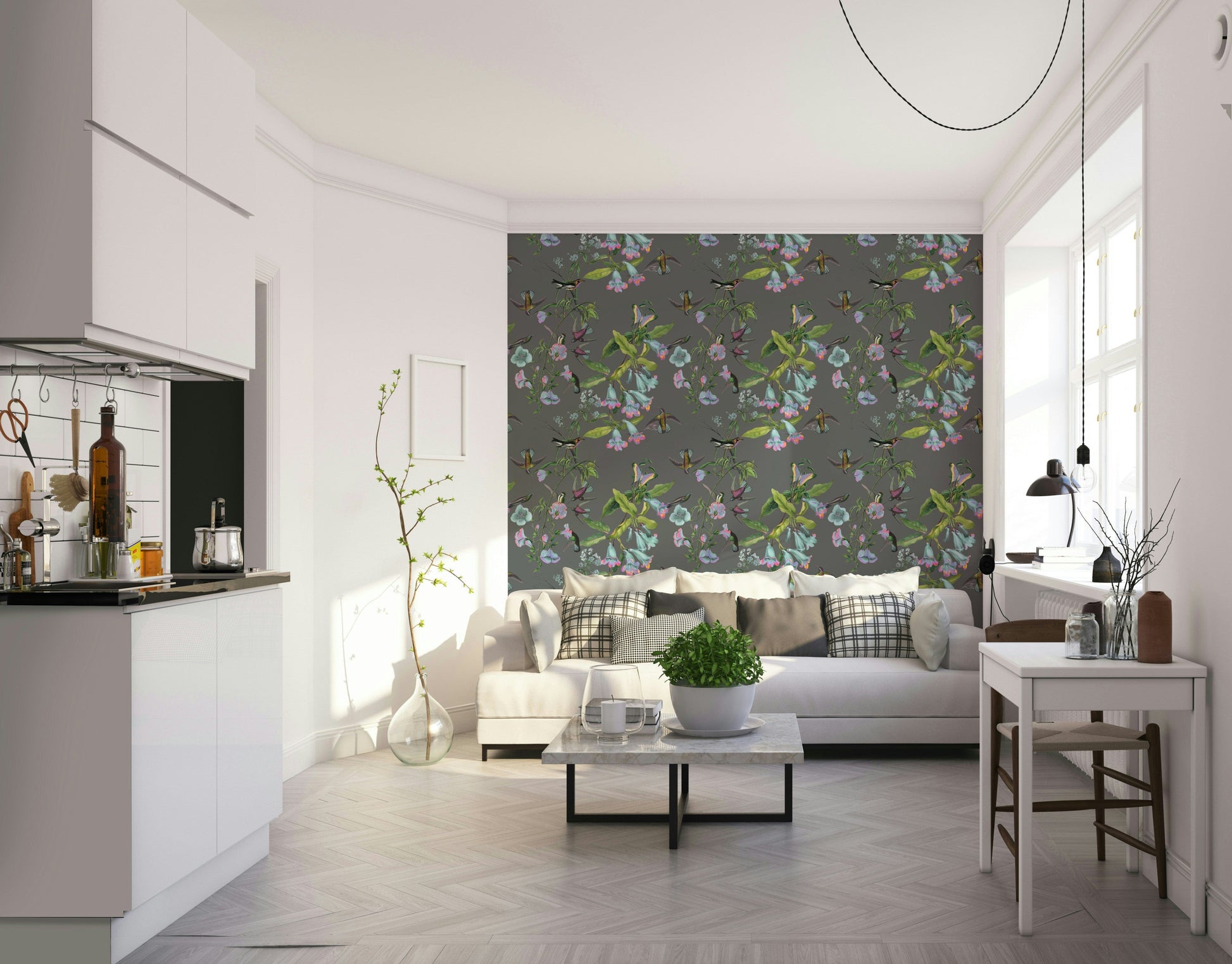 A beautiful serene botanical wallpaper mural for a modern home.

