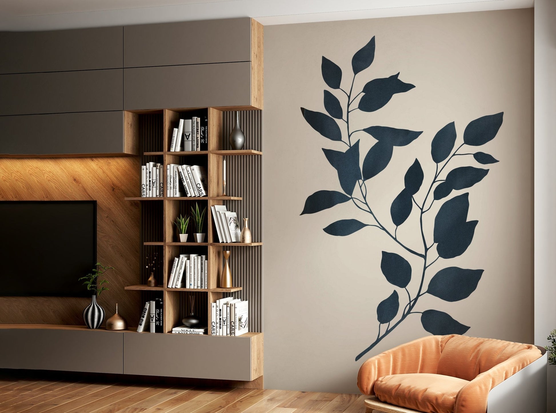 Botanical Silhouette Wall Mural with dark plant silhouettes.

