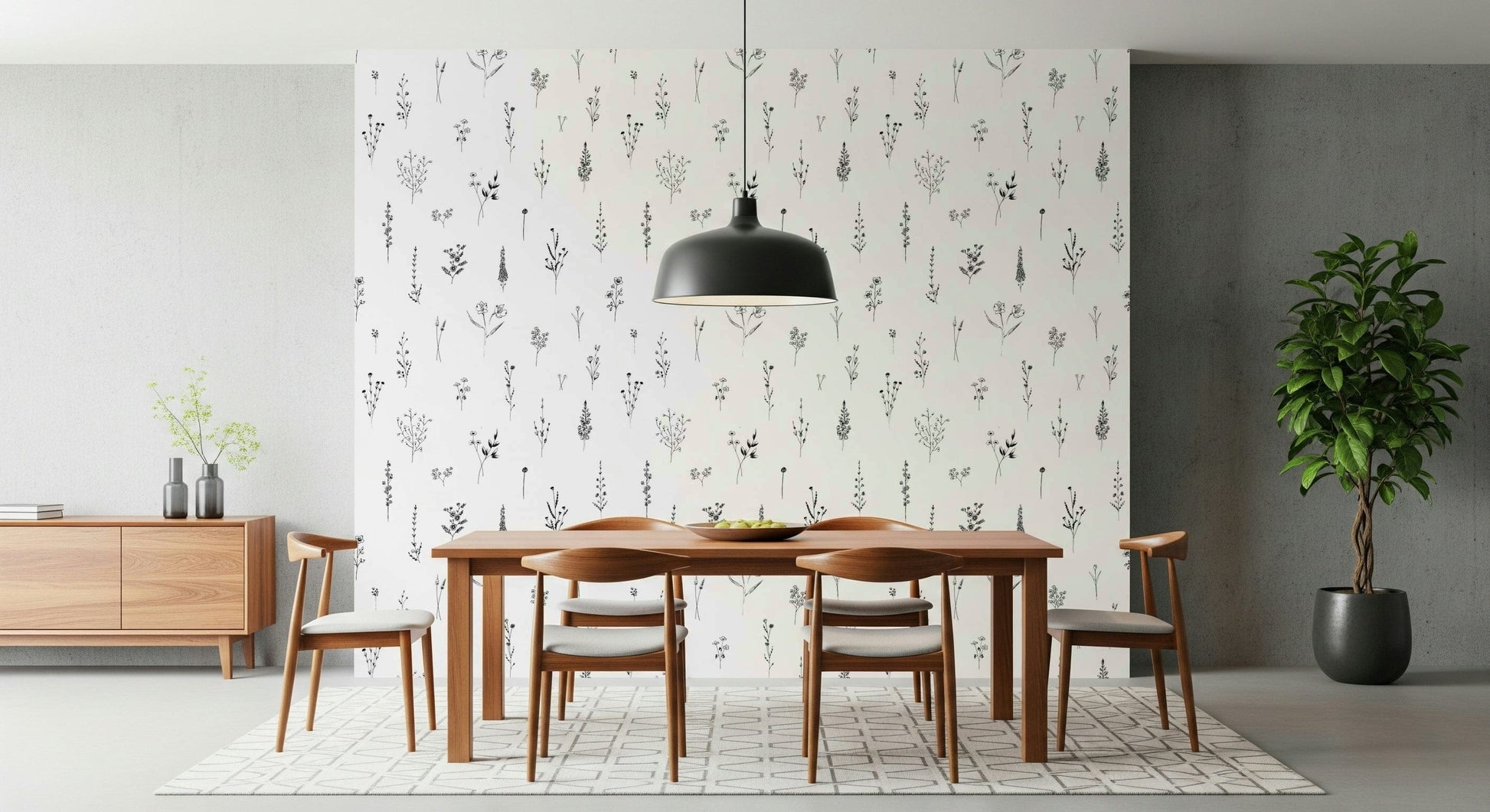 Modern minimalist wallpaper featuring scattered botanical sketches for an airy, natural look
