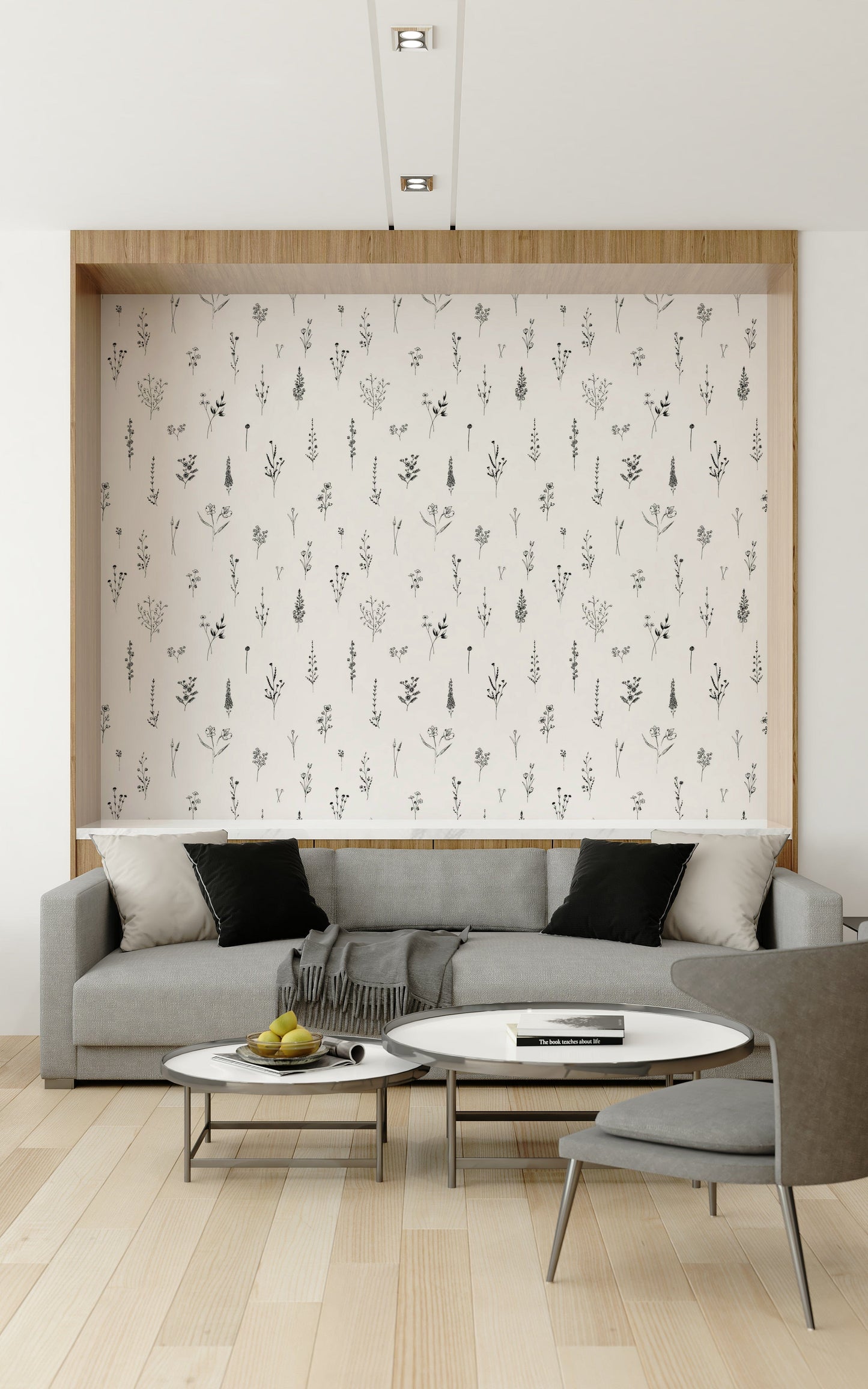 Artistic floral sketch pattern with small wildflower motifs dispersed over a pale neutral base