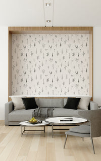 Artistic floral sketch pattern with small wildflower motifs dispersed over a pale neutral base