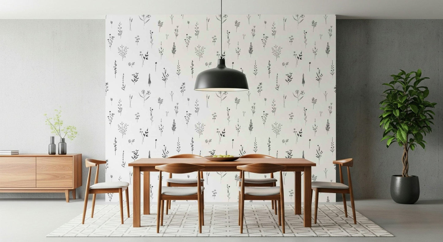 Modern minimalist wallpaper featuring scattered botanical sketches for an airy, natural look