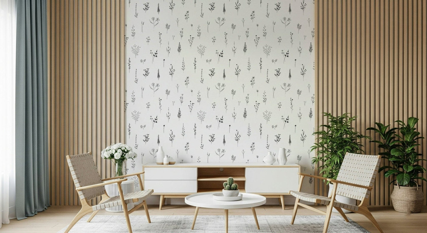 Light-toned wallpaper showcasing airy floral doodles arranged in a loose, organic layout