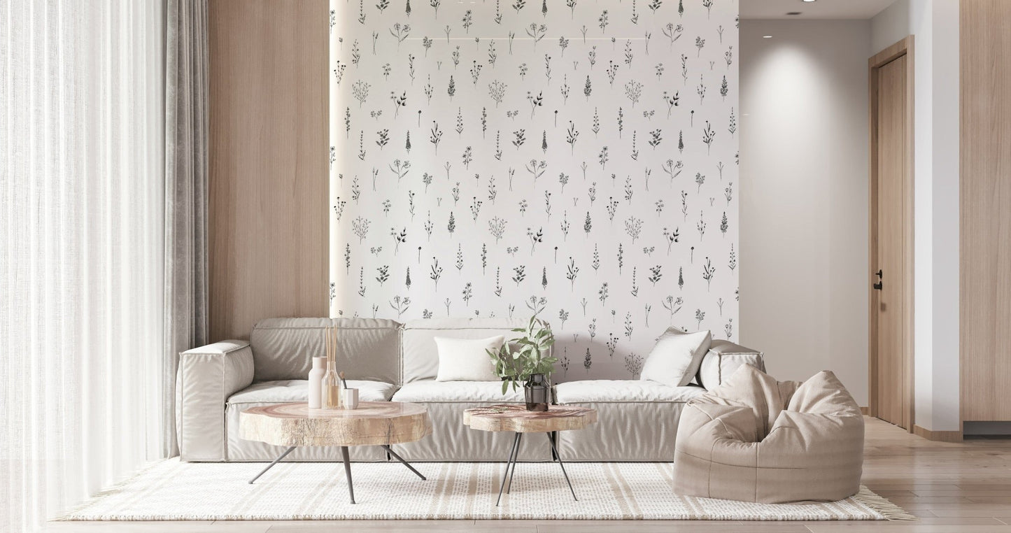 Botanical sketch wallpaper featuring delicate black floral line drawings on a soft off-white background