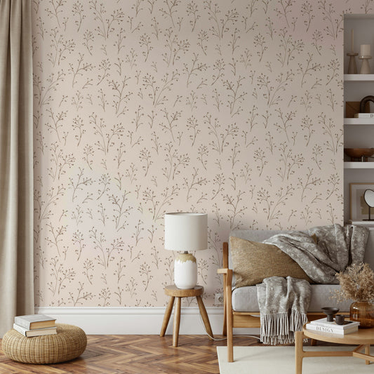 A full-wall mural showing a pattern of sketched twigs.
