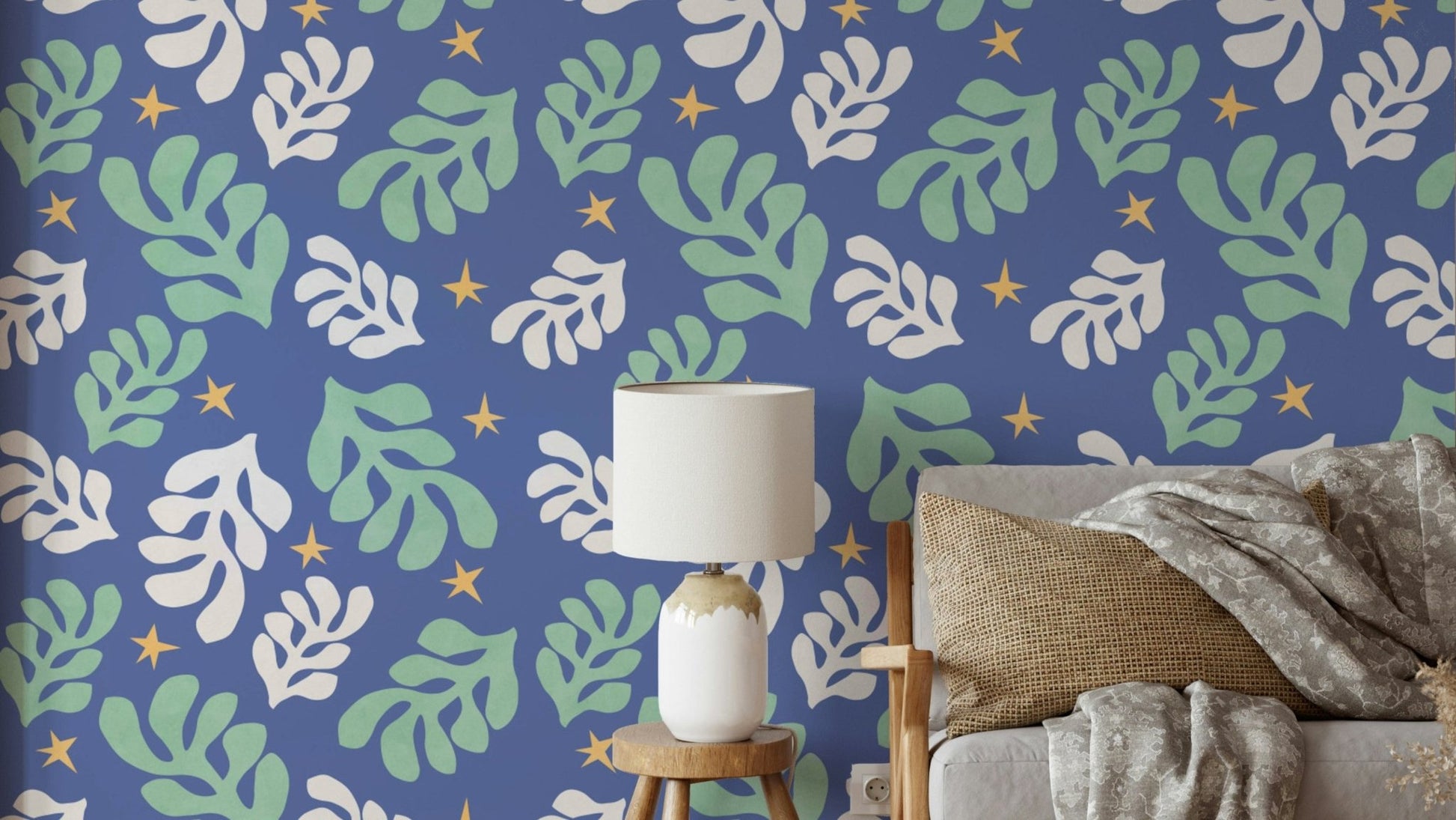 A wallpaper of a painting of botanical elements.

