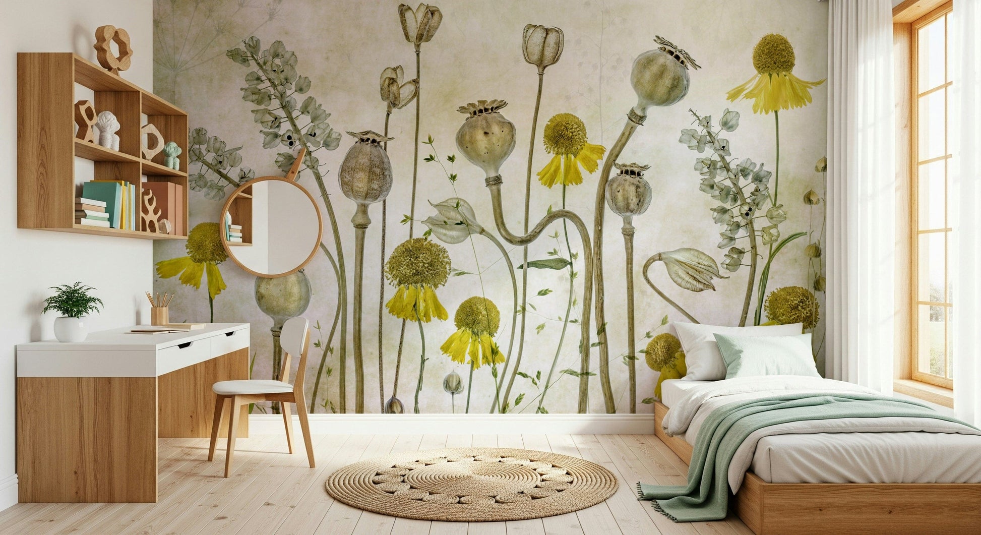 An artistic elegant floral mural on minimalist wallpaper.

