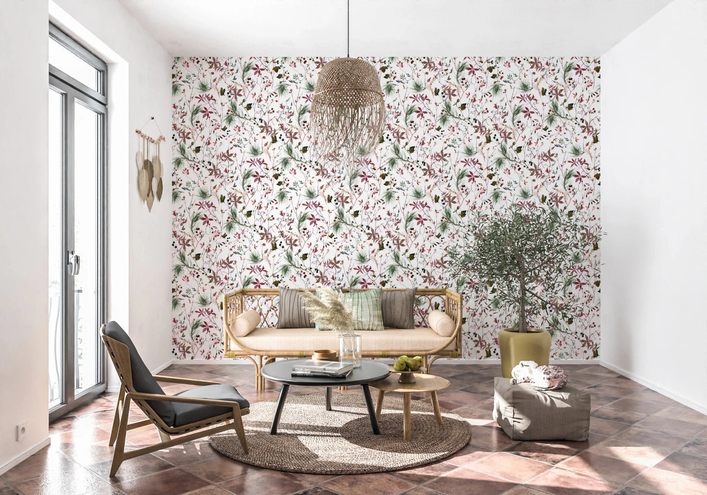 Botanical Winter wallpaper mural in a living room with a rattan bench sofa and woven pendant lamp