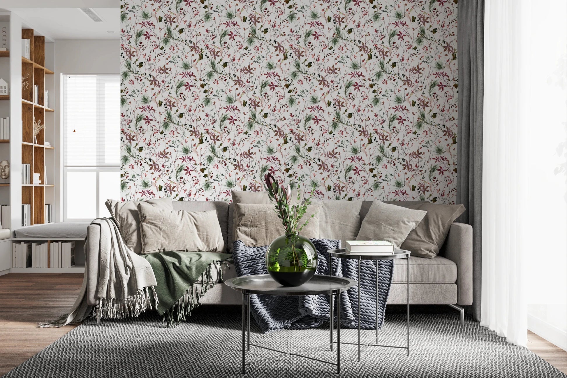Botanical Winter wallpaper mural in a living room with a beige sectional sofa and round metal tables