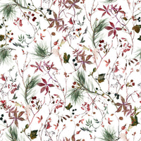Botanical Winter wallpaper close-up showing burgundy leaves, berries and pine sprigs on a white background