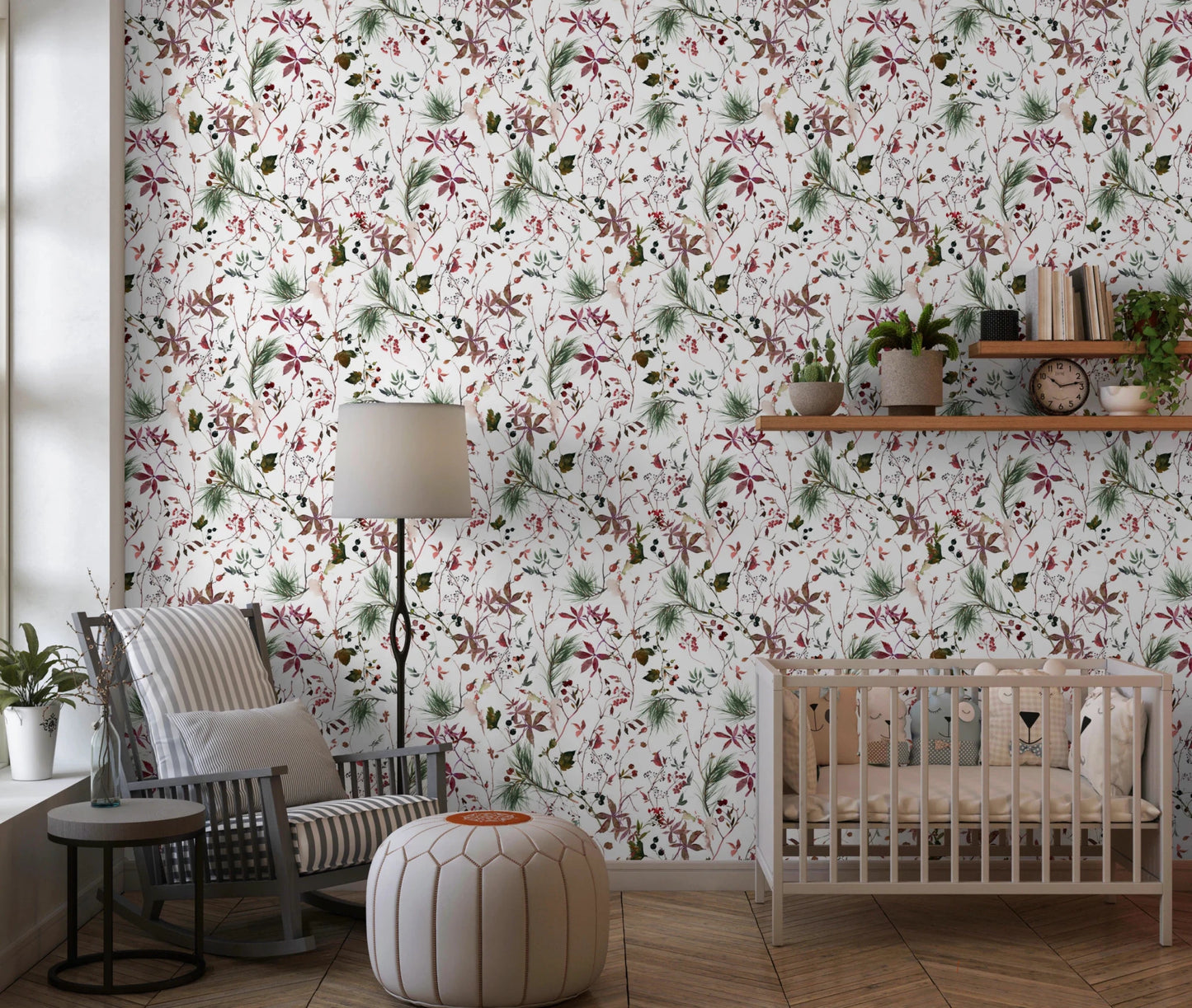 Botanical Winter wallpaper mural in a nursery with a white crib, striped armchair and leather pouf
