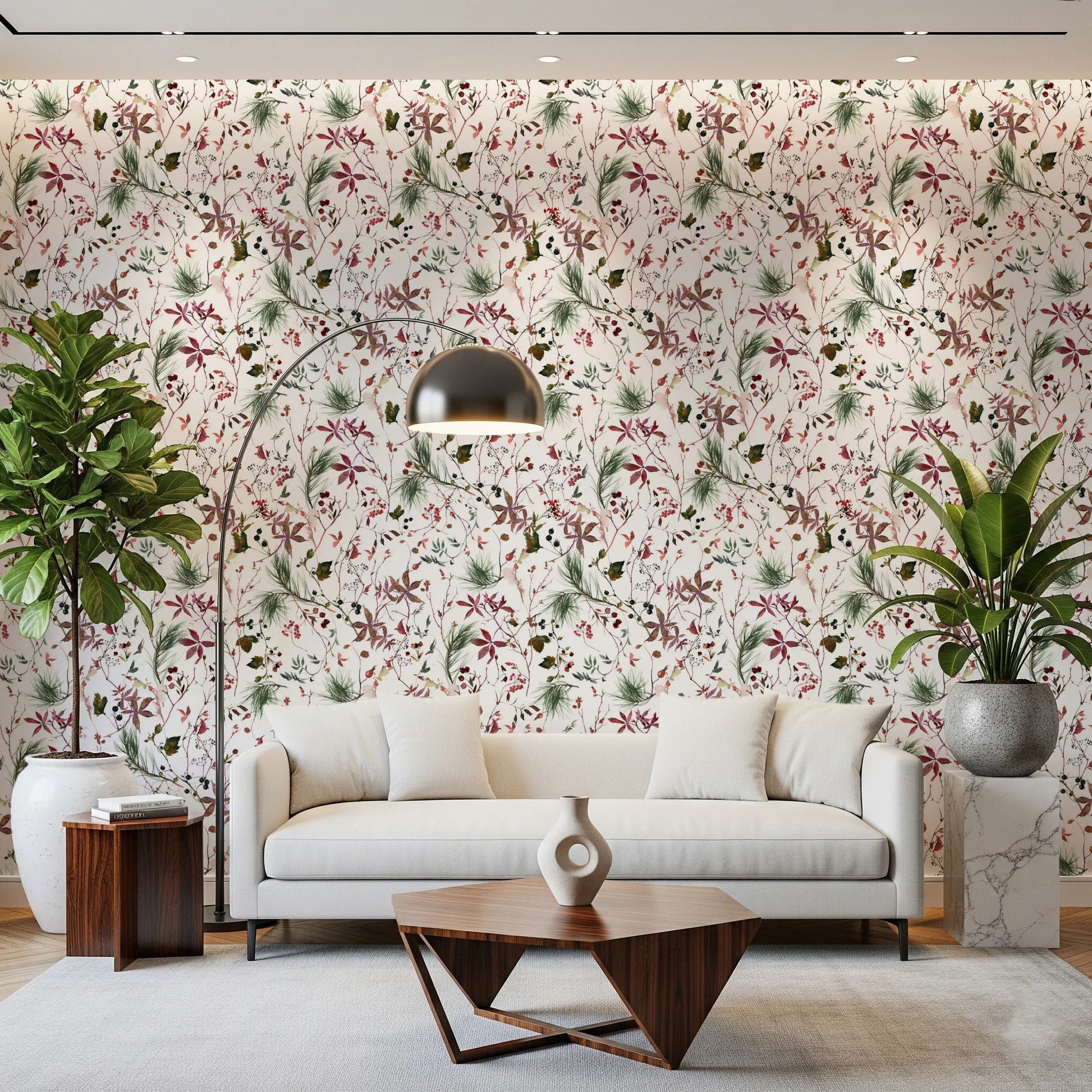 Botanical Winter wallpaper mural in a living room with a white sofa, gold arc lamp and fiddle-leaf plant