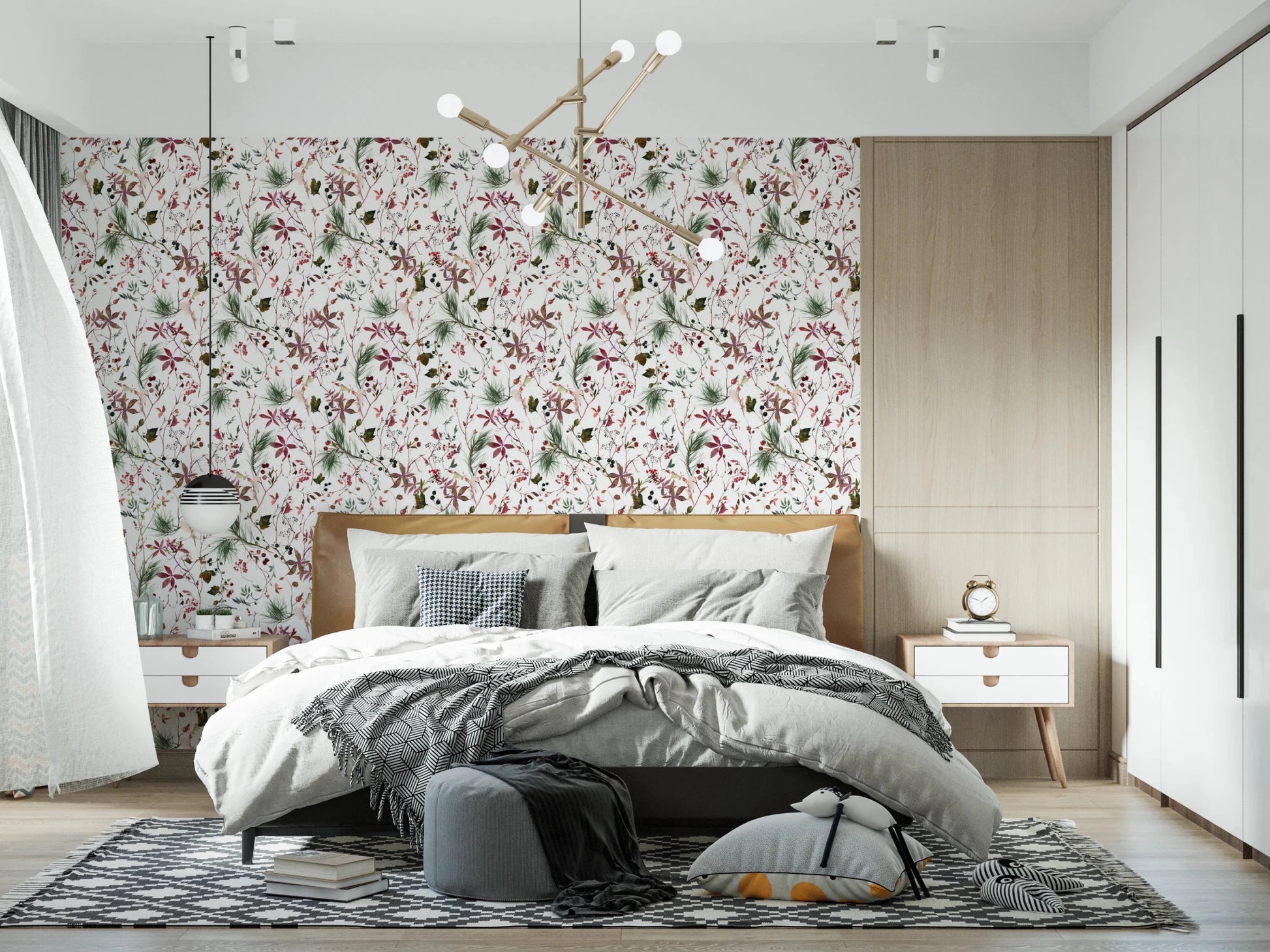Botanical Winter wallpaper mural behind a wood-headboard bed with grey bedding and a sputnik chandelier