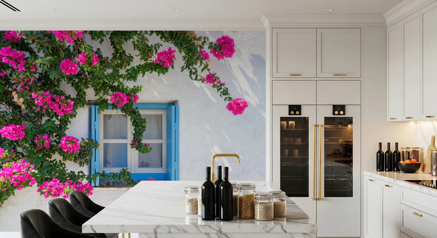 Bougainvillea by Blue Window Wall Mural