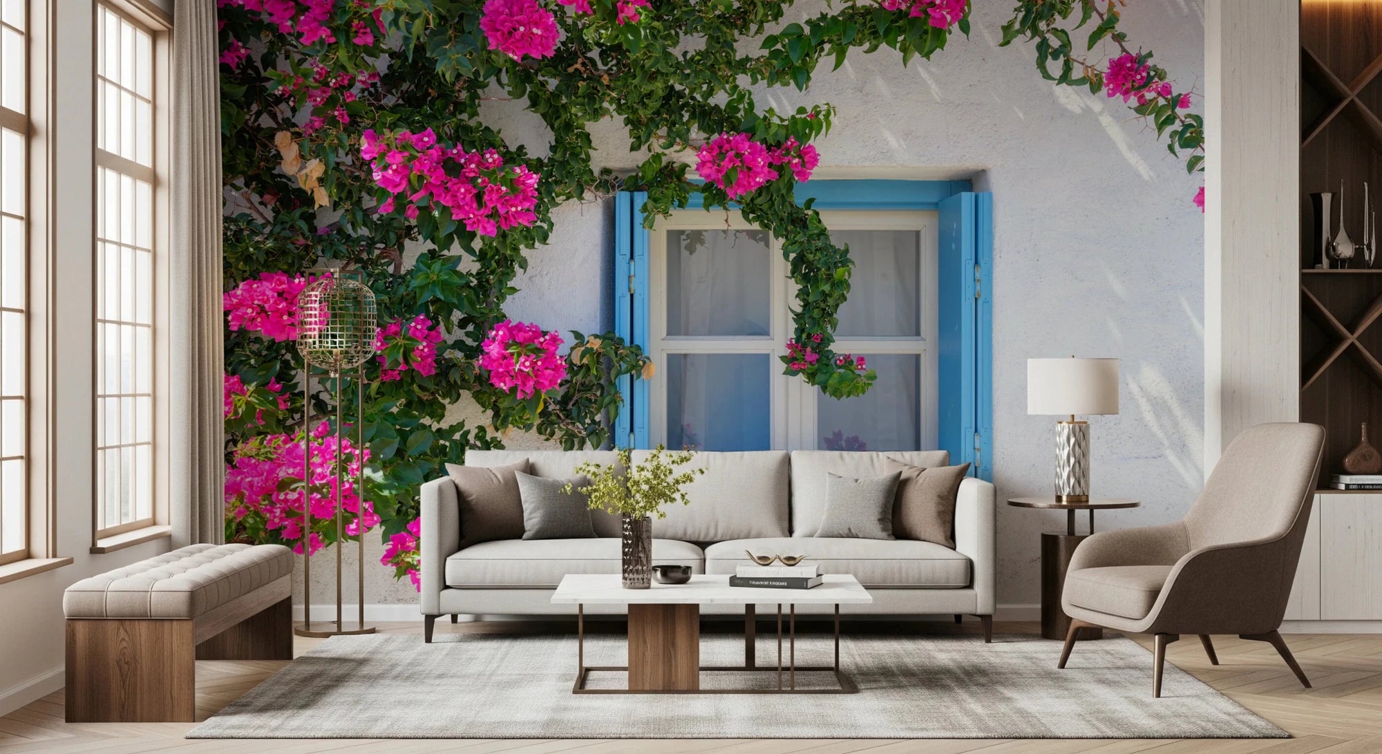 Bougainvillea by Blue Window mural with pink blooms over a blue-shuttered window behind a beige sofa in a bright living room