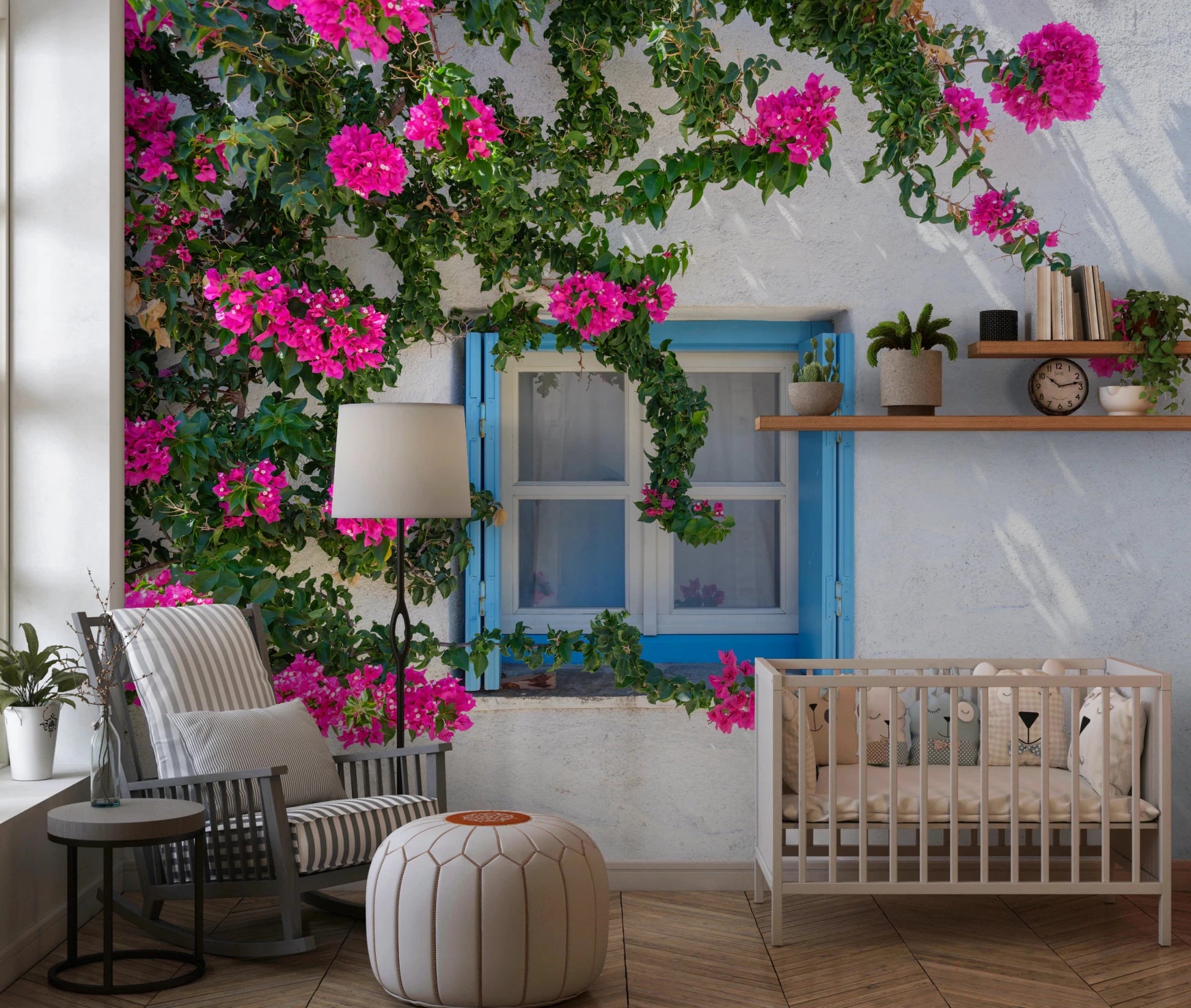 Bougainvillea by Blue Window Wall Mural