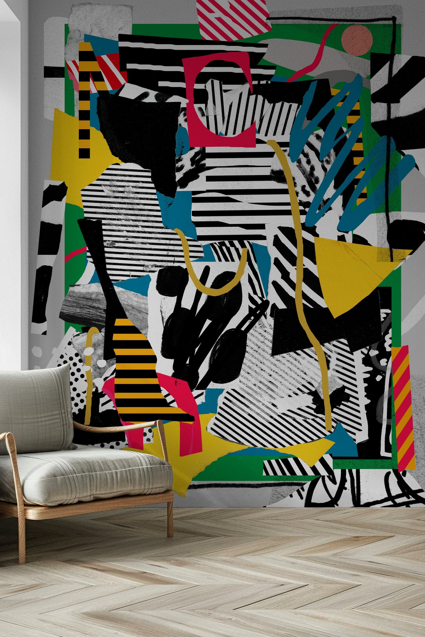 A peaceful stadium scene mural on decorative wallpaper.