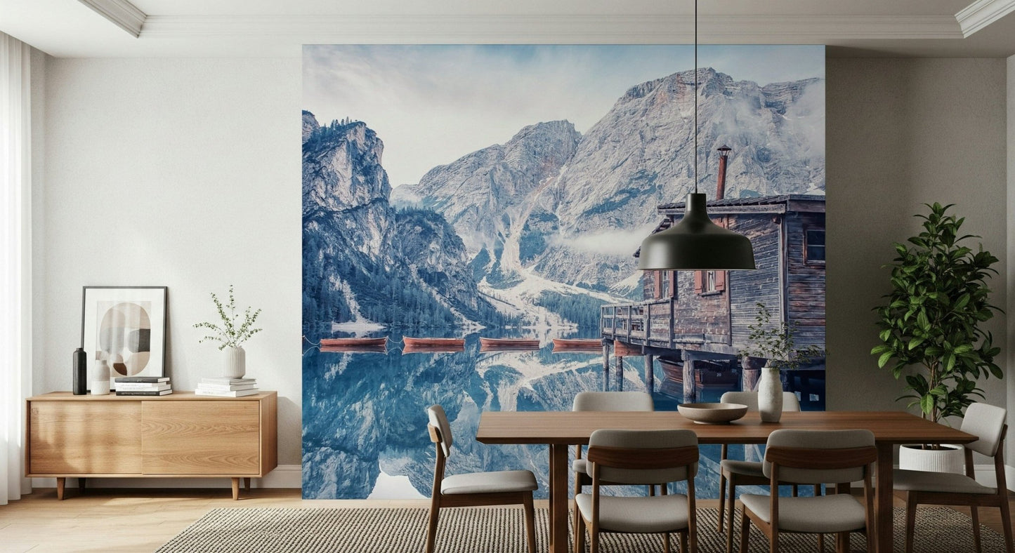 Snowy mountain landscape Braies Lake Serenity wall mural.