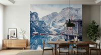 Snowy mountain landscape Braies Lake Serenity wall mural.
