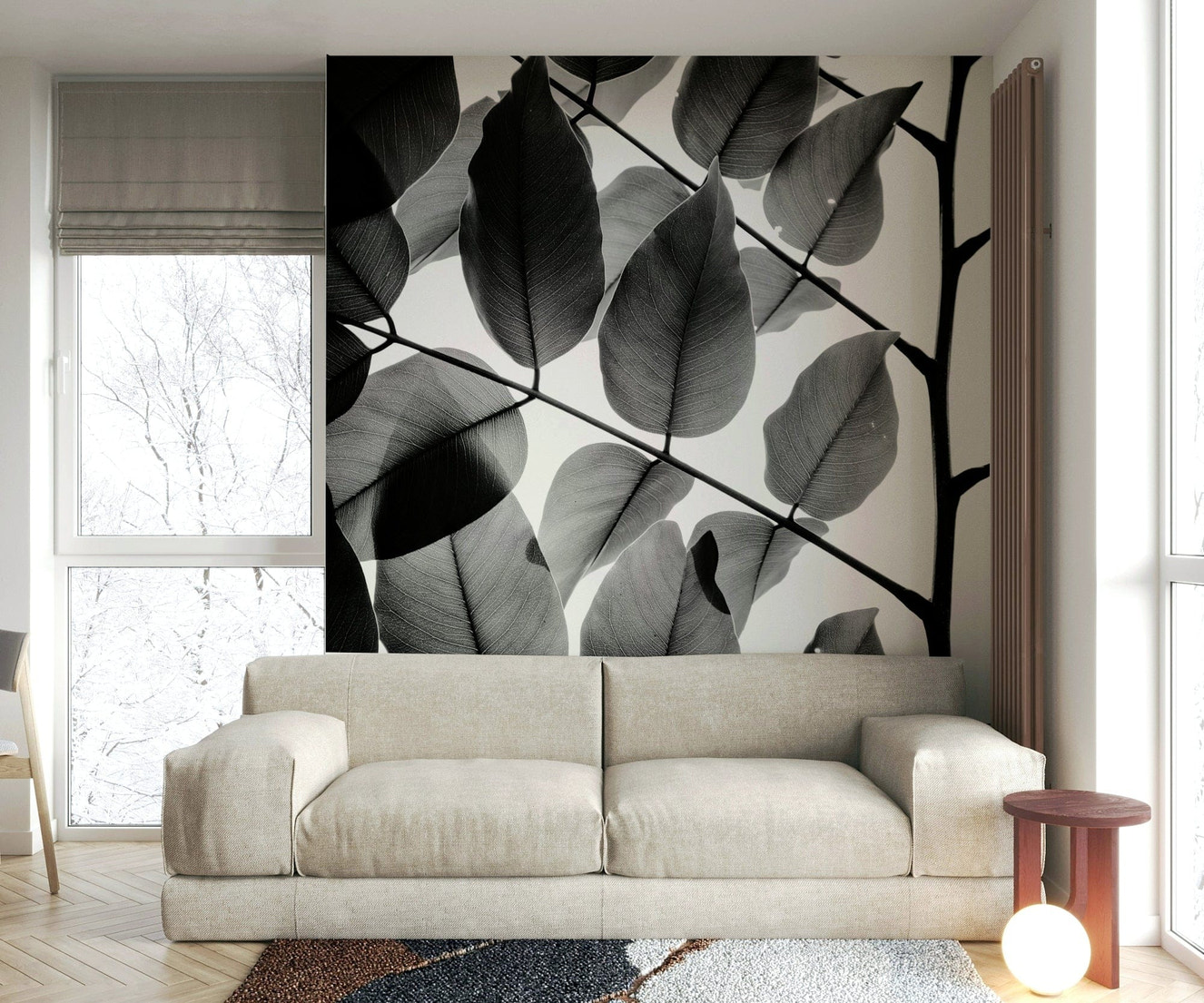 A calming foliage design wallpaper mural that defines a space.

