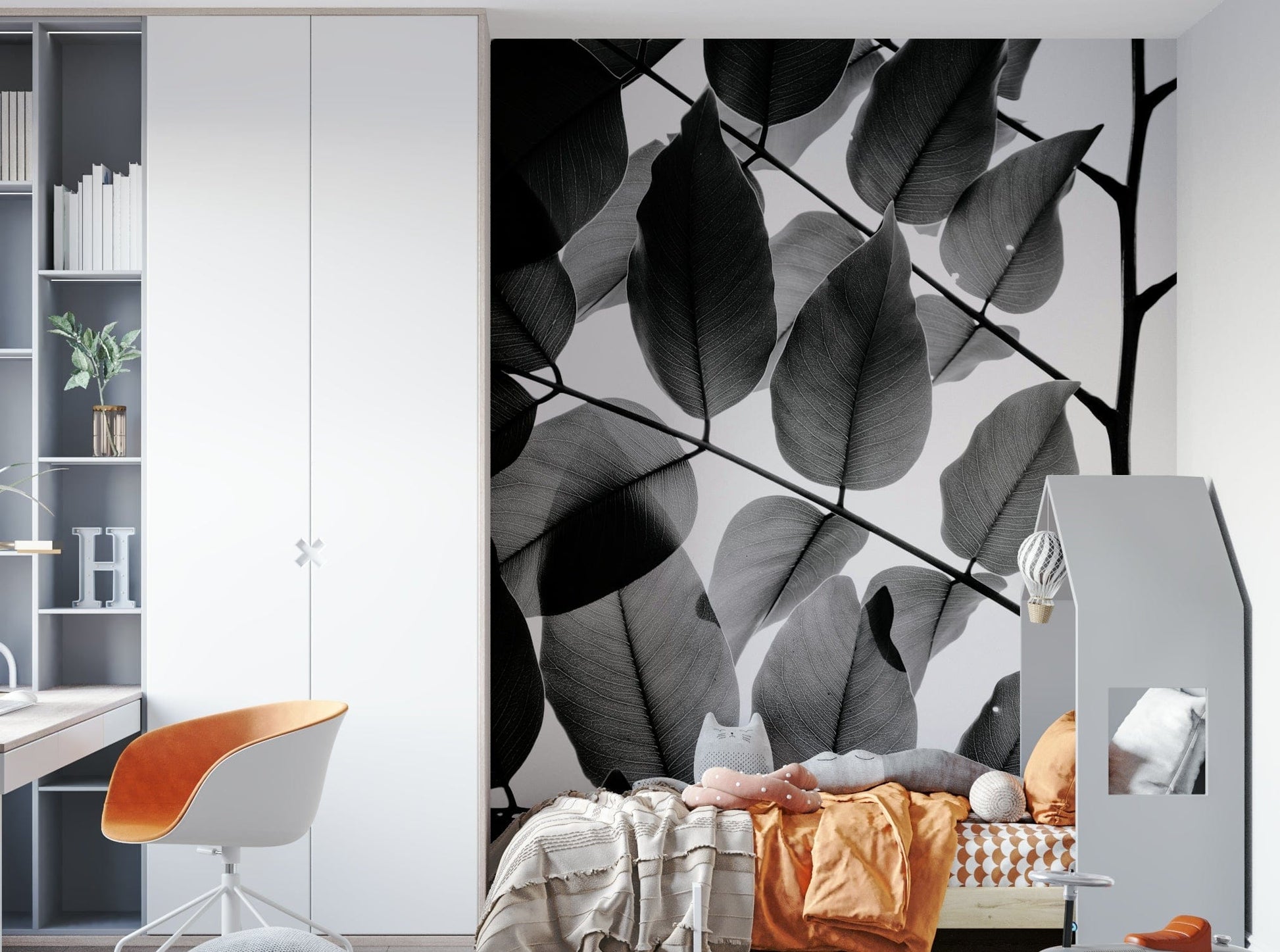 A beautiful serene foliage wallpaper mural with branches.

