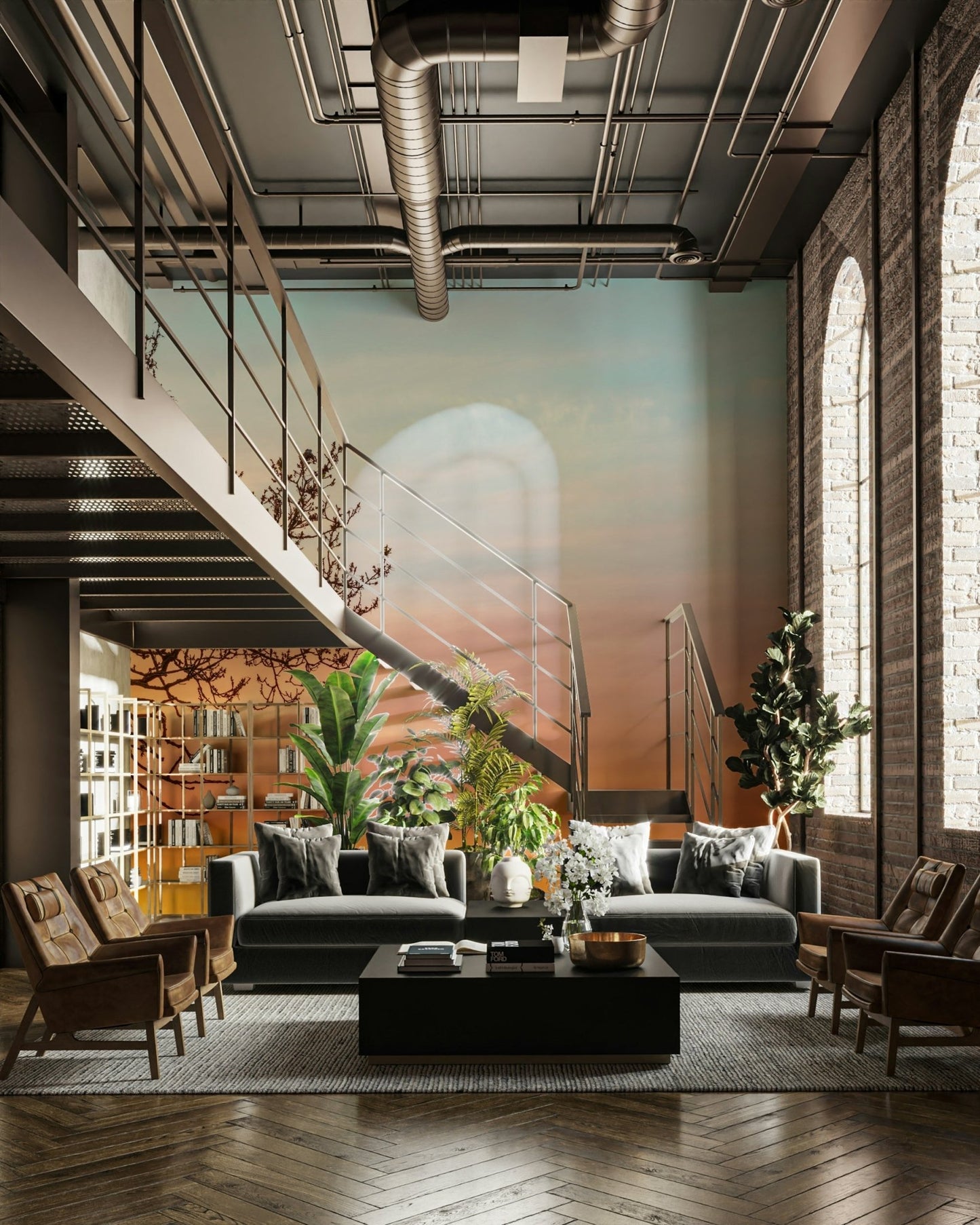 Tree branch against soft sunset tones mural

