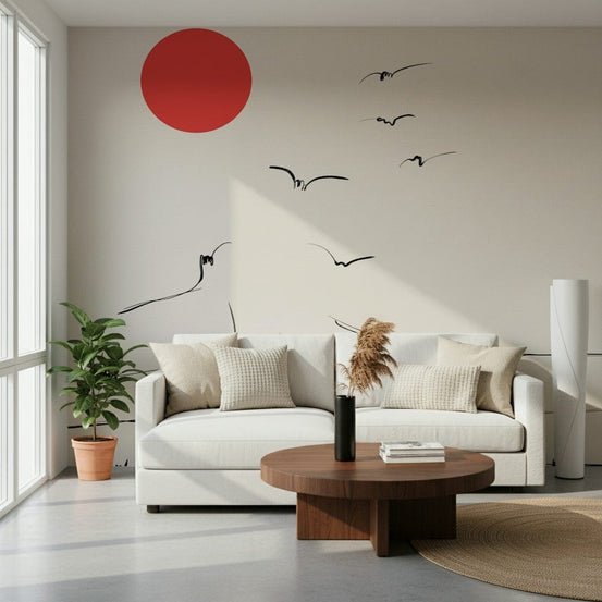 Break Free wall mural with a red sun and inked flying birds on cream behind a white sofa and round wood table