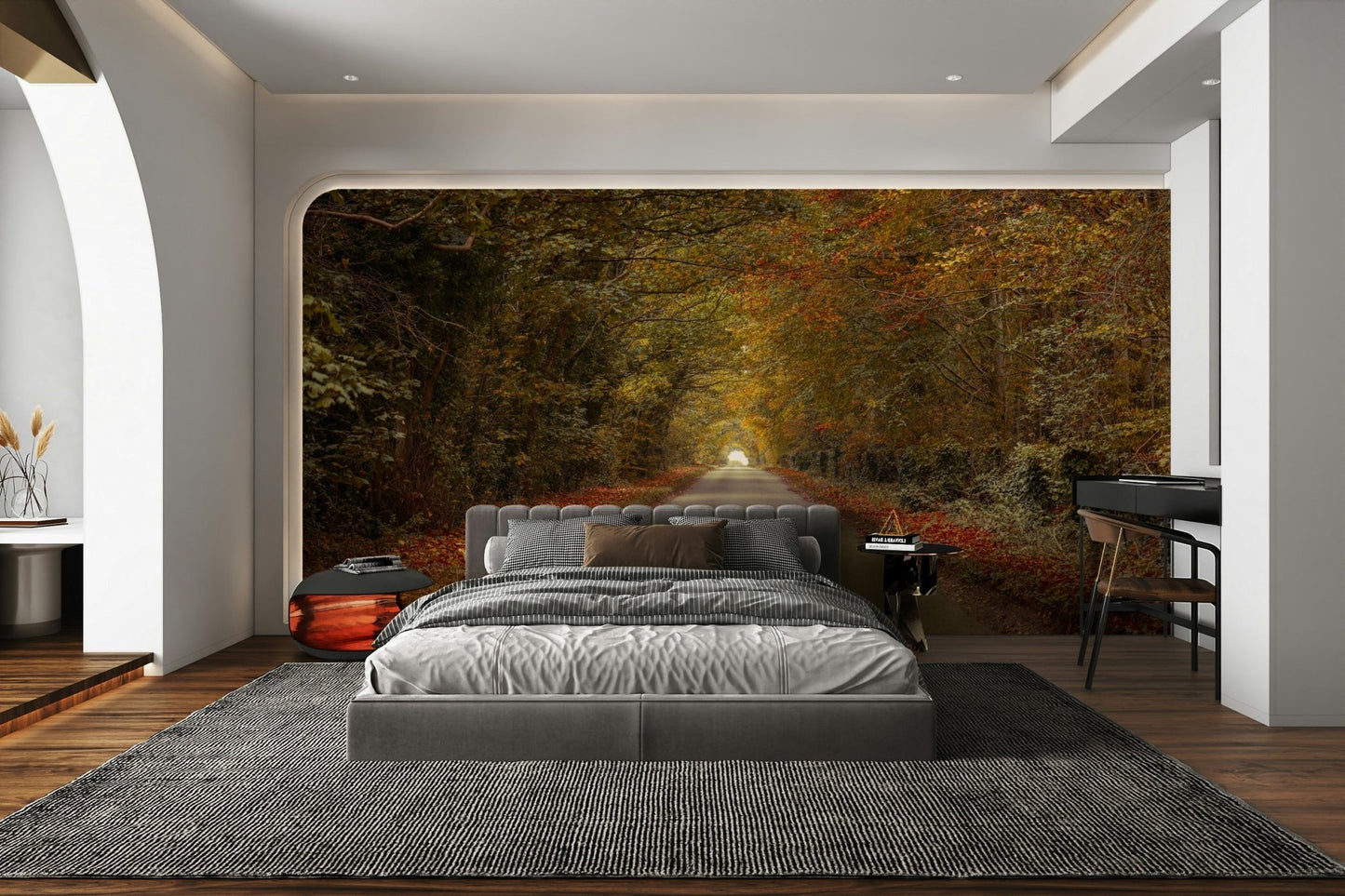 Features a scenic view of a straight road or path, disappearing into the distance.
