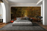 Features a scenic view of a straight road or path, disappearing into the distance.
