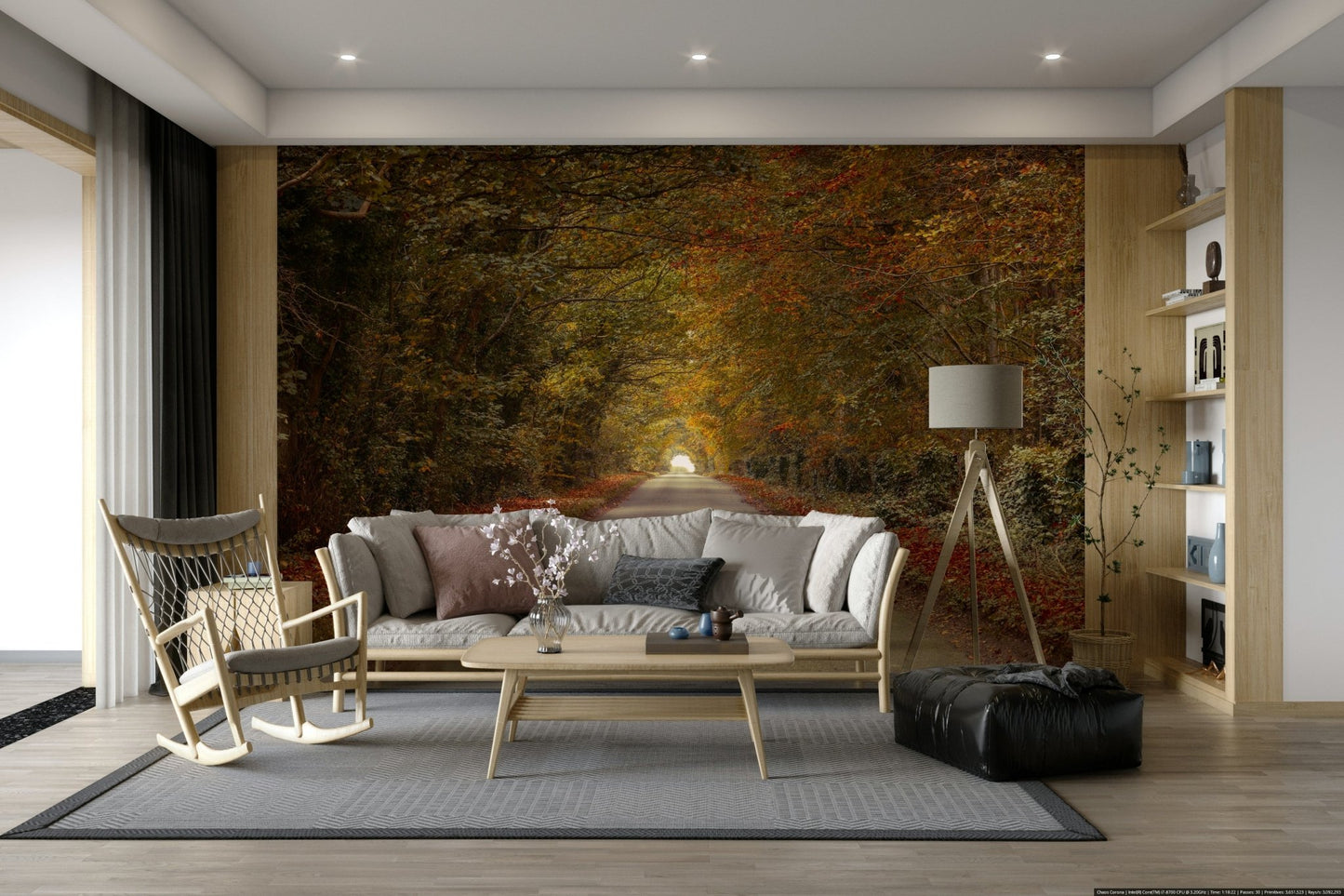 Fallen leaves are visible on the sides of the road.
