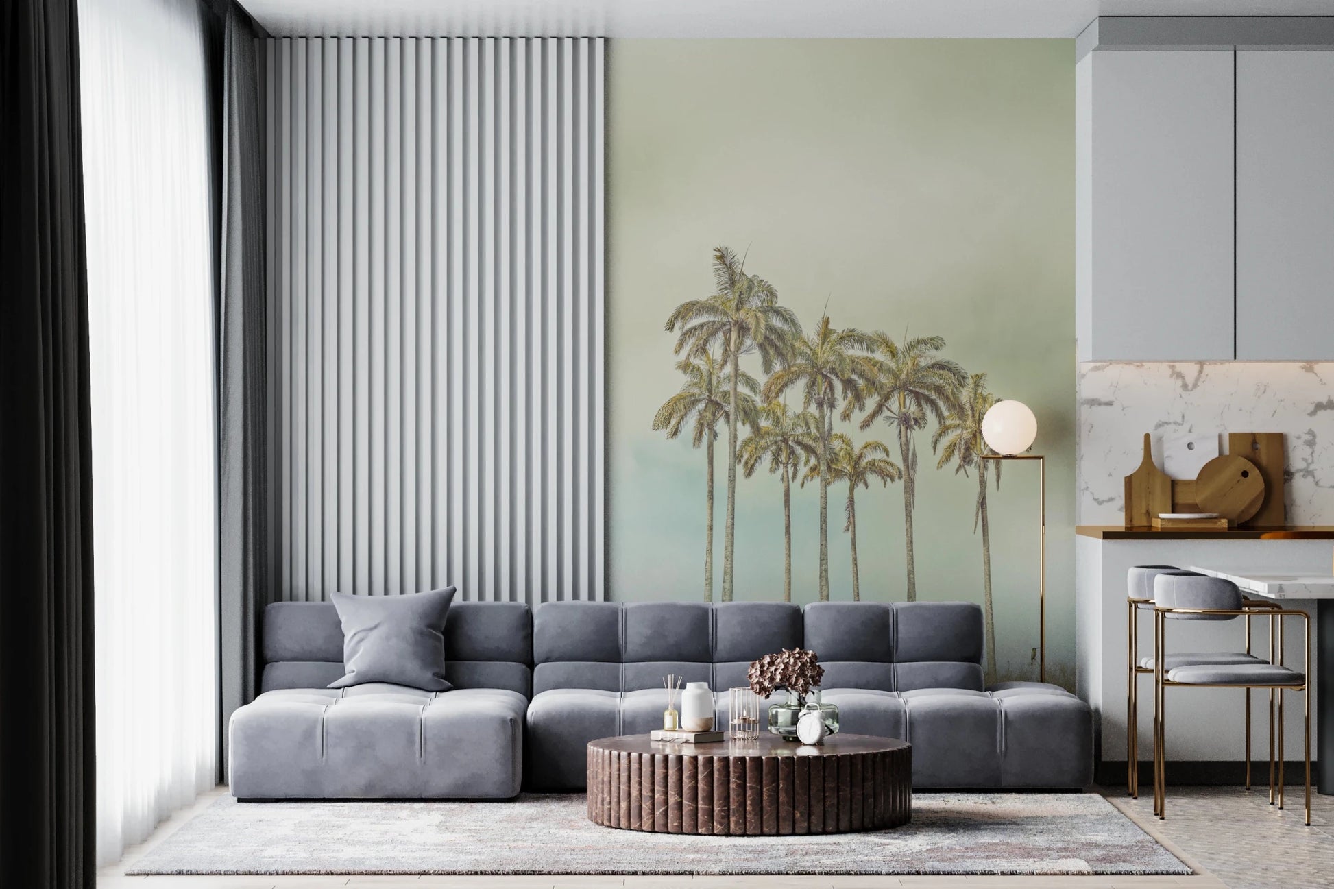 The hallway Breezy Palms Wall Mural shows six tall trees in soft hues.