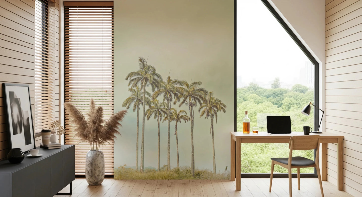 Minimalist palm tree imagery on a office wall Breezy Palms Wall Mural.
