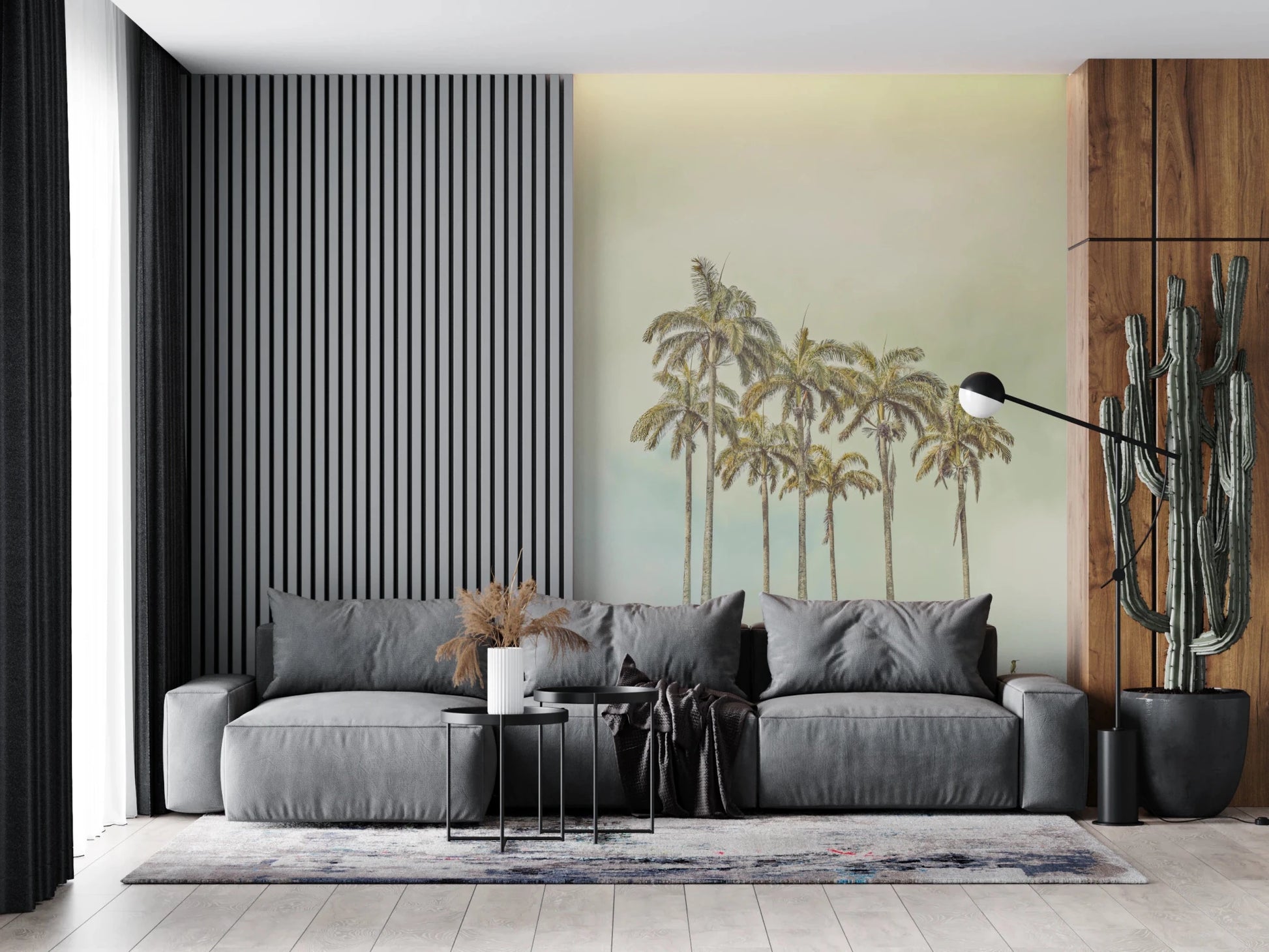 Muted color scheme on this Breezy Palms for a living room Wall Mural designe.