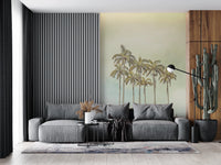 Muted color scheme on this Breezy Palms for a living room Wall Mural designe.