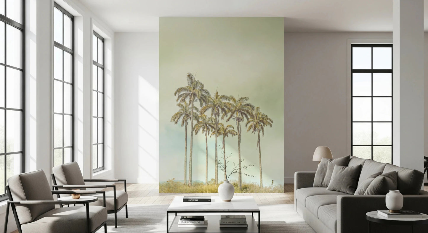 Nature-inspired Breezy Palms Wall Mural with a cloudy background.