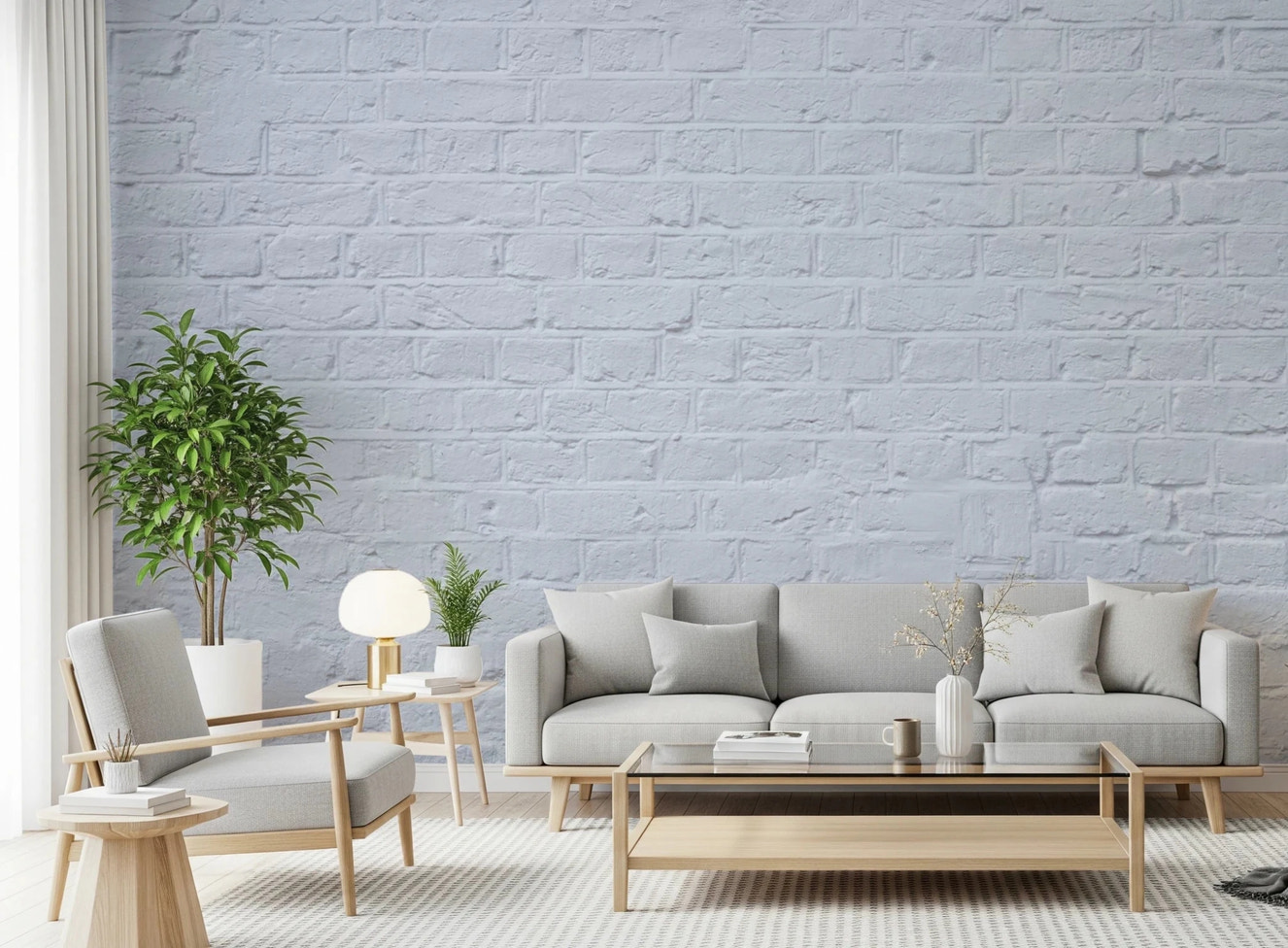 White painted brick wall mural with realistic texture for living room wall.