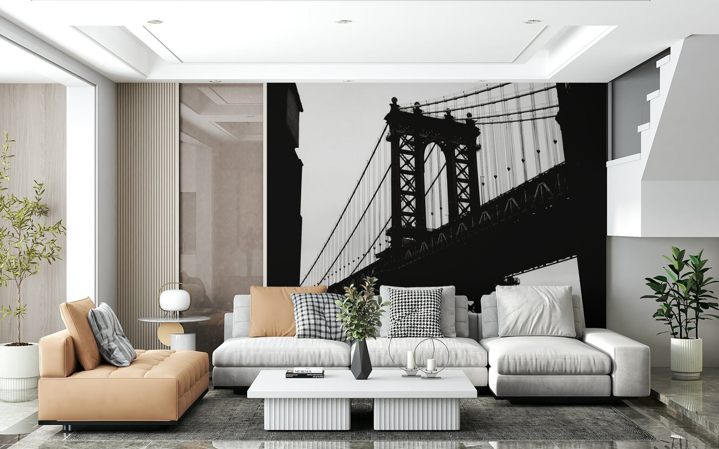 Wall mural depicting a dramatic urban bridge casting shadows over city streets.