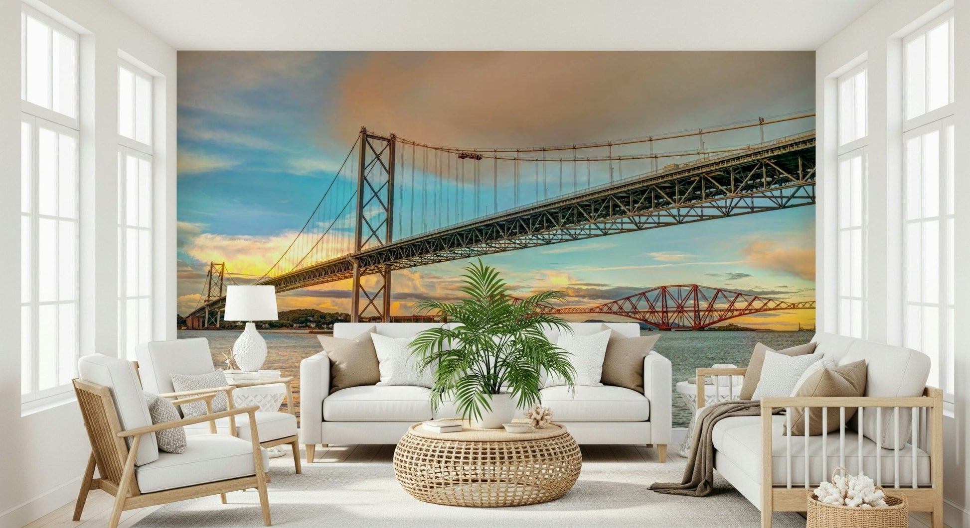 Sunset Bridging Sky river crossing wall mural landscape art