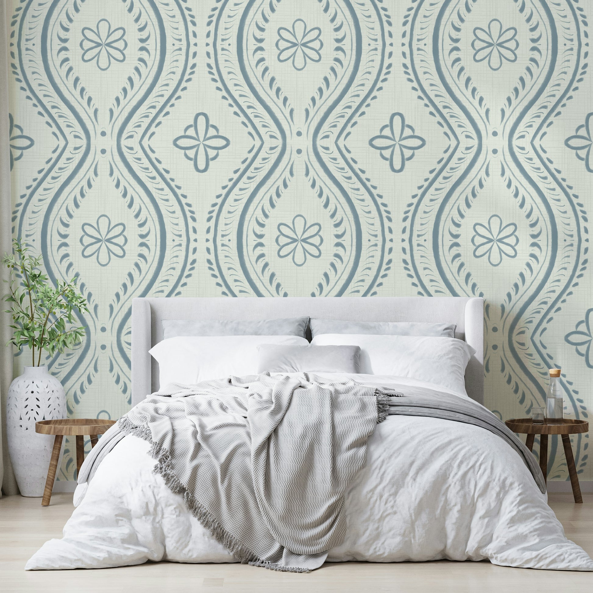 Bedroom with cool-toned ogee wall mural


